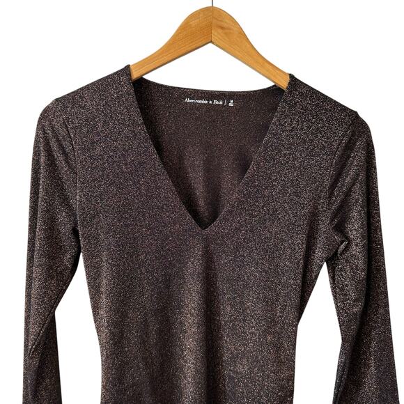 Abercrombie & Fitch Metallic Long Sleeve V-Neck Bodysuit Black Bronze Medium - Picture 3 of 10